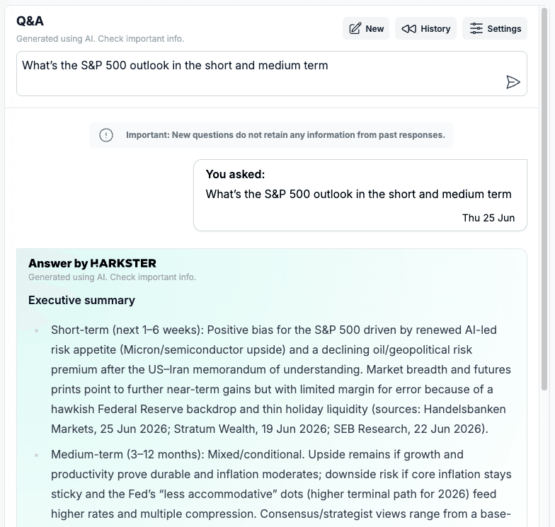 Q&A assistant showing a plain-language question answered with cited passages drawn from the firm's own research